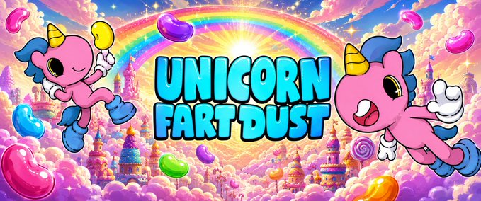 A vibrant cartoon banner features two cheerful pink unicorns flanking the bold blue title "UNICORN FART DUST," set against a whimsical backdrop of a rainbow, candy-colored castles, and floating jellybeans—evoking the playful, meme-style branding of the $UFD crypto token that the poster notes has remained unchanged as the project patiently awaits its moment.