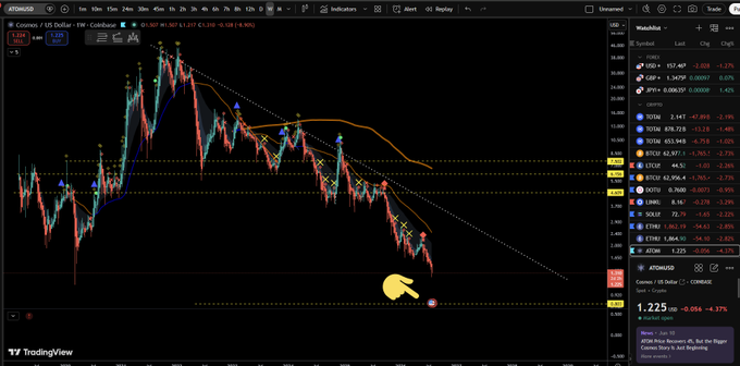 A TradingView chart of Cosmos (ATOM/USDT) on the weekly timeframe shows the price dropping toward a key support level near $1.225, with a hand-drawn emoji pointing to the recent dip, suggesting the trader anticipated a bounce at this support zone.