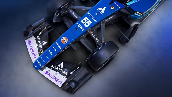 A close-up overhead shot of the Williams Racing FW48 Formula 1 car's front wing, displaying the number 55 alongside sponsor logos including Kraken, Atlassian, Gulf, Barclys, BNY, and Citrix, highlighting the Kraken-branded wing featured in a contest to place one trader's name on the car at the Mexico City GP.