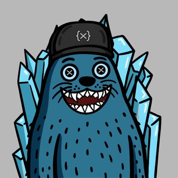 A blue cartoon monster character with X-shaped eyes, a toothy grin, and a black cap sits atop a throne of ice crystals.