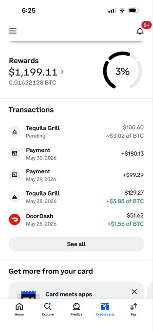 The image features an iPhone screen displaying a credit card payment app with a list of transactions. The main focus of the image is a message from @coinbase, which reads "Hey @coinbase, you guys are the shiznit!!!!!! Jamie Damon eats a whole banana in one bite lol". This message seems to be related to the credit card payments displayed on the screen and possibly serves as an advertisement or promotion for the app.