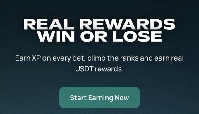 Promotional banner reading 'REAL REWARDS WIN OR LOSE - Earn XP on every bet, climb the ranks and earn real USDT rewards,' with a green 'Start Earning Now' button.