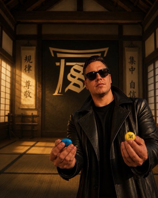 The image features a man wearing sunglasses and holding two small balls of different colors - one yellow and one blue. He appears to be posing for the camera with these objects. The background includes a traditional Japanese room, which adds an interesting cultural context to the scene. The caption "GM, fellow Solana enjoyers Forge your path" suggests that the man might be participating in or promoting a gaming event or convention related to video games and virtual reality experiences.