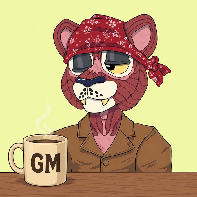 An illustration of a pink bear wearing a floral red bandana and brown jacket, holding a steaming mug labeled 'GM' against a pale yellow background.