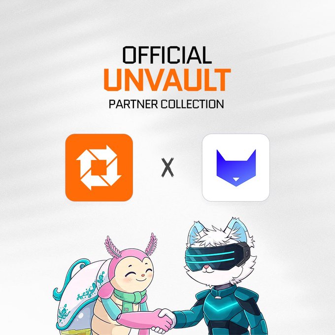 The image shows an "Official UnVault Partner Collection" banner featuring the UnVault and partner logos, with two cartoon characters—a winged pink creature and a VR-wearing fox—shaking hands to symbolize the new partnership with the Mortals NFT collection.