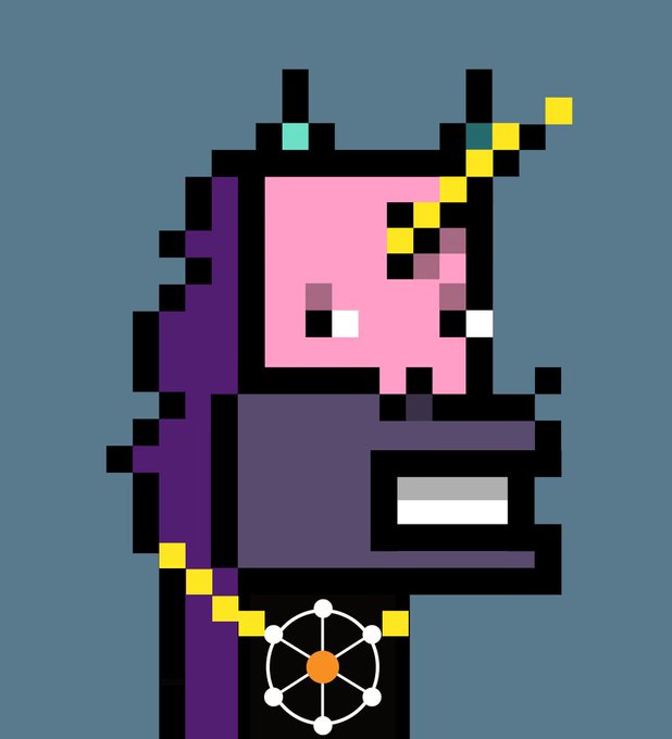 A pink cat-like pixel art character wearing a dark purple hooded robe and a chain with a gear pendant, symbolizing the crypto/meme "much.fun" branding that supports Tap Protocol ($TAP), $NAT, and $GIB projects as mentioned in the accompanying post.
