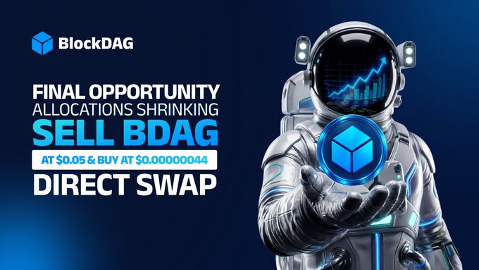 The image features a man wearing an astronaut suit, standing against a dark blue background with text. The title of the image is "BLOCKDAG", indicating that this might be related to Blockdag trading or some other online platform. In the center of the image, there's a blue cube, which could represent a cryptocurrency symbol such as Bitcoin (BTC). Above and below the image, there are two lines of text written in white: one says "FINAL OPPORTUNITY", while the other reads "ALLOCATION SHRINKING SELL BDAG AT $0.05 & buy at $0.00044". The text emphasizes that this offer is available only until Friday and encourages users to participate, possibly for a direct swap or some other trading activity.