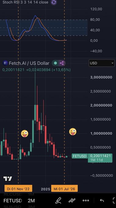 A TradingView chart for Fetch.AI / US Dollar (FETUSD) showing a current price of 0.20011421 with a +13.65% gain, featuring a candlestick chart and Stochastic RSI indicator at the top.
