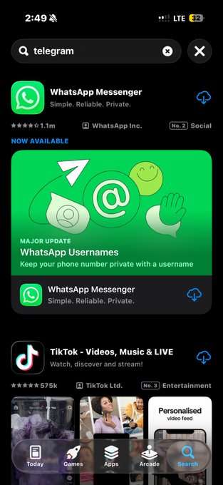 A smartphone screen displays an app store search for 'telegram' featuring WhatsApp Messenger as the top result with a 'MAJOR UPDATE WhatsApp Usernames' banner.