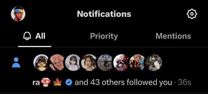 A social media 'Notifications' screen on a dark theme shows an 'All', 'Priority', and 'Mentions' tab selection, with a follow notification stating 'ra 🍄 🍁 ✅ and 43 others followed you · 36s'.