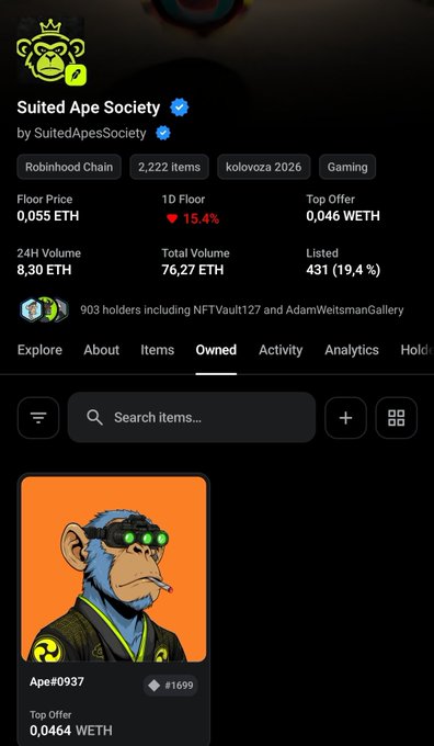 A screenshot of an NFT marketplace page for the 'Suited Ape Society' collection by SuitedApesSociety on Robinhood Chain, showing a floor price of 0.055 ETH and featuring an NFT of a smoking ape with green goggles labeled 'Ape#0937'.