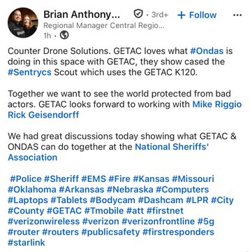 The image shows a screenshot of a social media post about counter drone solutions, specifically mentioning the Sentinel@ Sentinellink app that integrates with the National Sheriffs Association's GETAC. A caption underneath the photo highlights the partnership between Sentinel Solutions and the sheriff association, suggesting a discussion or review session on this topic.