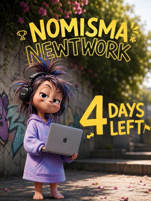 A 3D animated cartoon character with messy purple hair, wearing headphones and a purple hoodie, holding a MacBook, promoting 'NOMISMA NETWORK' with '4 DAYS LEFT' text in yellow on a graffiti-covered urban background.