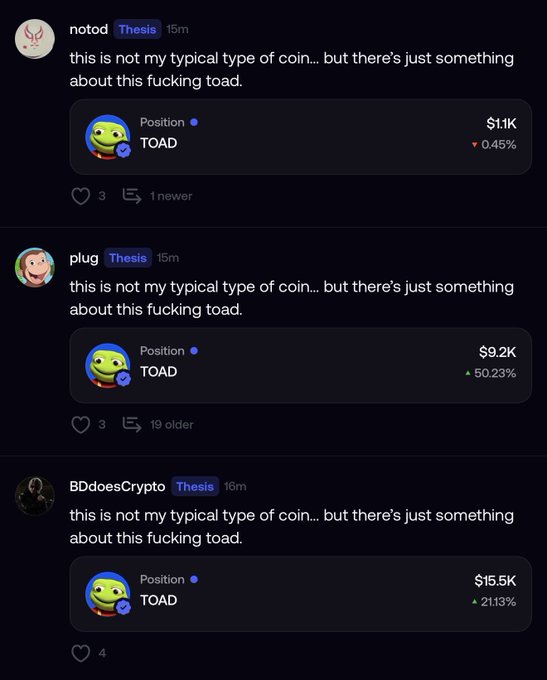Three identical crypto trading posts from users 'notod', 'plug', and 'BDdoesCrypto' all saying 'this is not my typical type of coin... but there's just something about this fucking toad' with their respective positions in TOAD showing gains.
