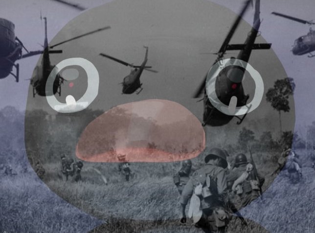 A surreal composite image showing a circular overlay of a sad face superimposed on a black-and-white scene of soldiers and military helicopters in a field.