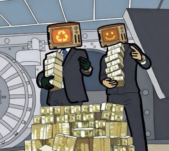 A cartoon illustration depicting two figures in business suits with vintage television monitors for heads—one displaying a recycling symbol, the other a smiley face—holding stacks of cash above a large pile of bundled money in what appears to be a bank vault.