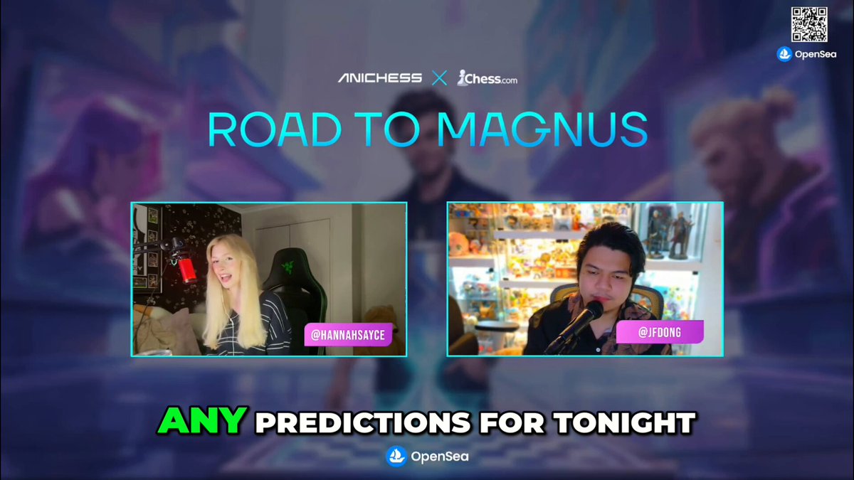 The image shows a poster or banner with two people sitting next to each other, possibly participating in an online gaming event called "Road to Magnus." The text on the poster reads "Road to Magnus" and "Any predictions for tonight". It also mentions that there is a live stream of the game taking place. The background features a blue sky with clouds, giving it a futuristic feel. The image includes a person's face in the bottom left corner, possibly representing an opponent or teammate from the game.
