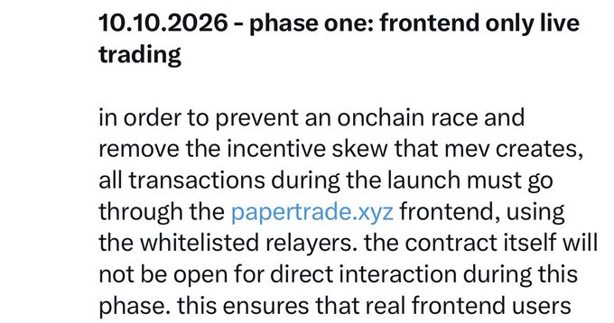 The image shows a section from a 10/10/2026 announcement titled "phase one: frontend only live trading," explaining that all launch transactions must go through the papertrade.xyz frontend using whitelisted relayers, with the contract itself closed to direct interaction to prevent onchain races and MEV incentive skew. This relates to the post's concern about how PaperDAO and PaperStrategy automated systems would submit orders, since the frontend-only restriction with whitelisted relayers could limit automated/strategy-based trading access during launch.