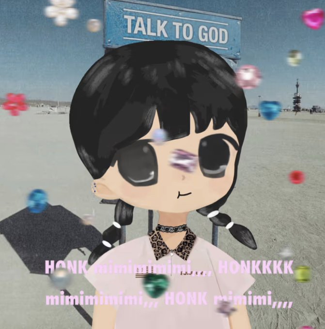 A chibi-style cartoon character with black pigtails and a leopard-print collar stands under a "TALK TO GOD" sign, surrounded by floating colorful gems in a barren desert landscape, with overlay text reading "HONK mimimimimi,,, HONKKKK mimimimimi,,, HONK mimimi,,,," capturing the playful, chaotic Friday energy mentioned in the post.