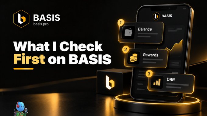 A promotional graphic for 'BASIS basis.pro' titled 'What I Check First on BASIS', highlighting three features on a phone interface: Balance, Rewards, and DRR.
