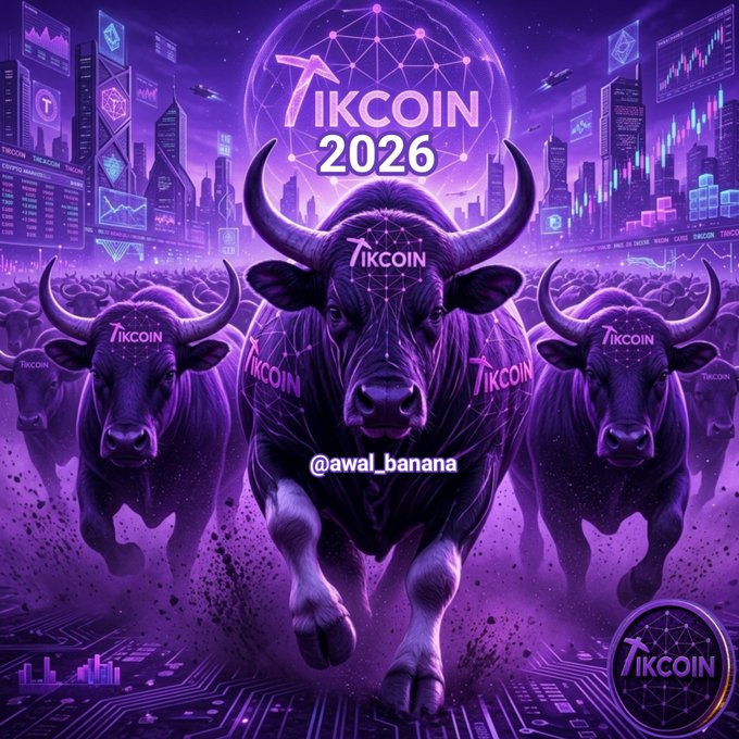 A bold purple-themed crypto promo image features charging bull imagery stamped with "TIKCOIN," "TIKCOIN 2026," and the handle "@awal_banana," set against a futuristic cityscape of trading charts and blockchain graphics—visually reinforcing the post's bullish prediction for TikCoin's surprising future ascent.