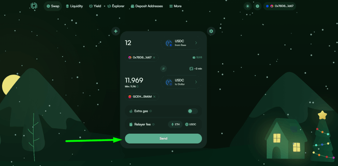 A cryptocurrency swap interface with a winter-themed background, showing a trade of 12 USDC to 11.969 GCNV_SWAP on a wallet ending in _3457, with a green arrow pointing to the 'Send' button.