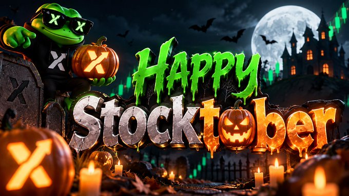 Halloween-themed promotional graphic featuring a green frog character wearing sunglasses and holding a jack-o'-lantern, with text reading 'Happy Stocktober' against a spooky castle and full moon backdrop.