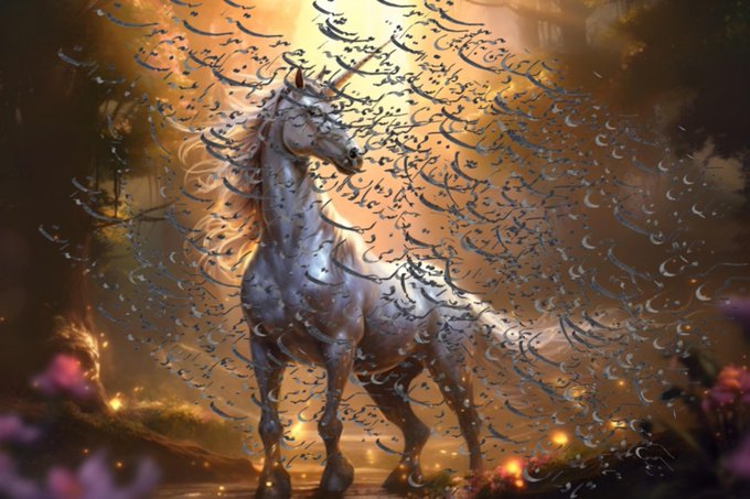 A magical digital artwork of a majestic white unicorn surrounded by swirling ancient script and glowing feathers, set in a mystical forest at golden hour.