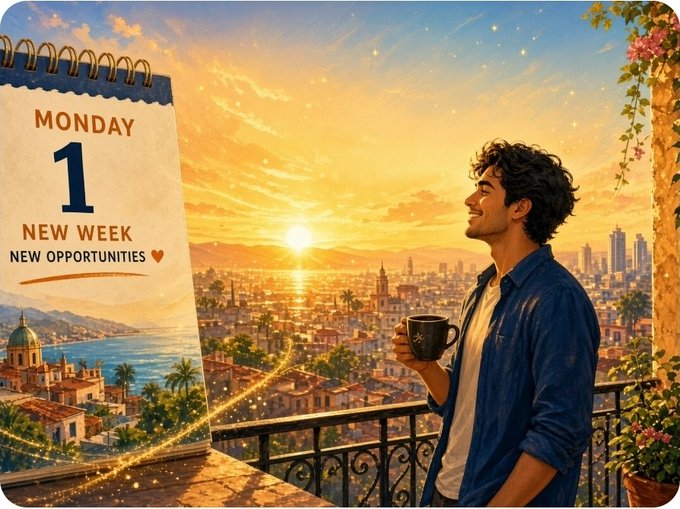 An illustration of a smiling man holding a coffee mug on a balcony overlooking a city and ocean at sunset, with a calendar page showing 'MONDAY 1' and 'NEW OPPORTUNITIES'.