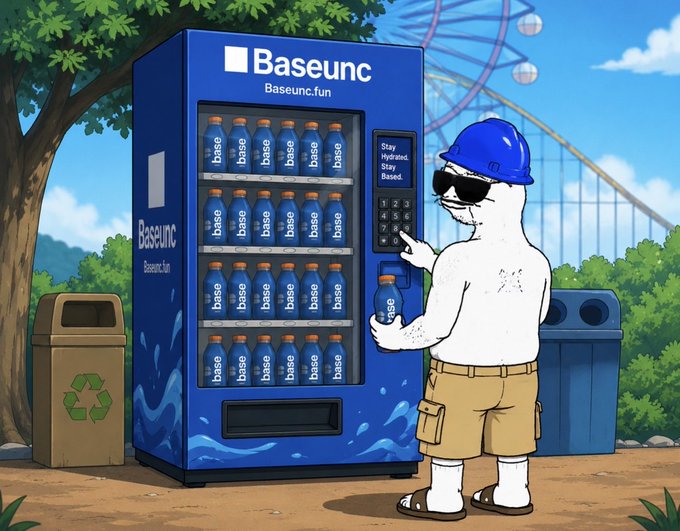 A cartoon character in a blue hard hat and sunglasses purchases a "Baseunc" branded water bottle from a vending machine at an amusement park, surrounded by recycling bins. The "choose wisely" caption plays on the beverage selection, suggesting careful decision-making extends beyond just drinks to choices in the crypto "Baseunc" project.