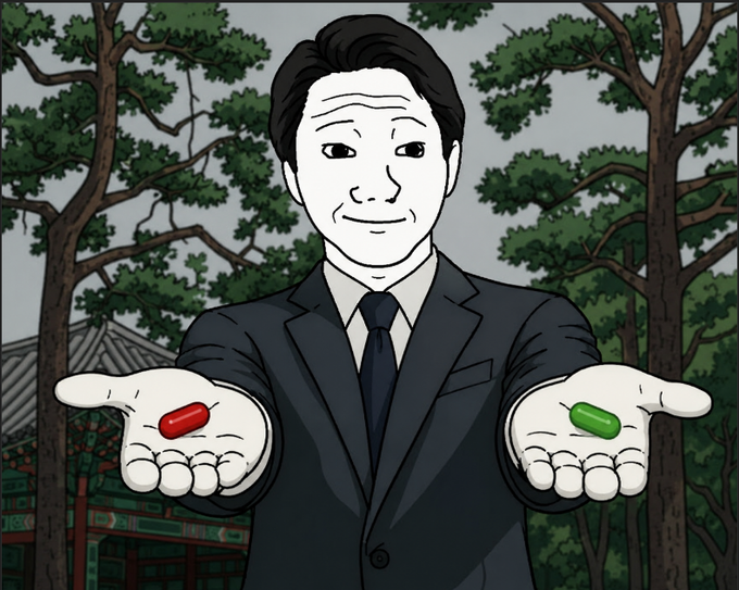 The image features a man wearing a suit, holding two pills - one red and one green. The caption below the image reads "REPEAT after me: It's Not Gambling If You Know You're Going To Win $WOJAK". This suggests that the man is promoting an idea or concept related to gambling, specifically poker or blackjack, where players are encouraged to keep playing even if they know they will lose.