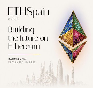 Event poster reading 'ETHSpain 2026 - Building the future on Ethereum' with a colorful mosaic Ethereum logo, set against a Barcelona skyline, scheduled for September 17, 2026.