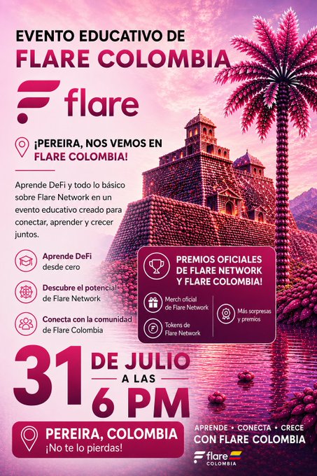 A pink-toned Spanish-language promotional poster for 'FLARE COLOMBIA' educational event in Pereira on July 31 at 6 PM, featuring the Flare logo and a castle illustration.