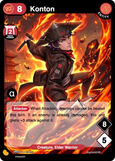 A trading card featuring "Konton," an 8-power Elder Warrior entity with a Gate Power of 1 and an "Attacker" ability that prevents enemy healing while attacking, displayed against a fiery background. The "GM" request in the post appears to be asking for engagement ("Good Morning") on the showcase of this collectible card.