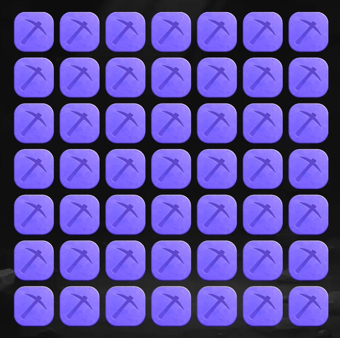 A repeating grid pattern of identical purple rounded-square icons, each featuring a white pickaxe symbol, arranged in rows against a dark background.