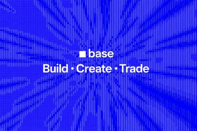 The image features a vibrant blue background with a white "Base" letter at its center. Below the text, the phrase "Build + Create * Trade" is also displayed. A small white bubble is located within this text. The overall layout of the image suggests that the message being conveyed is related to building blocks or platforms in the context of blockchain technology and token economies.
