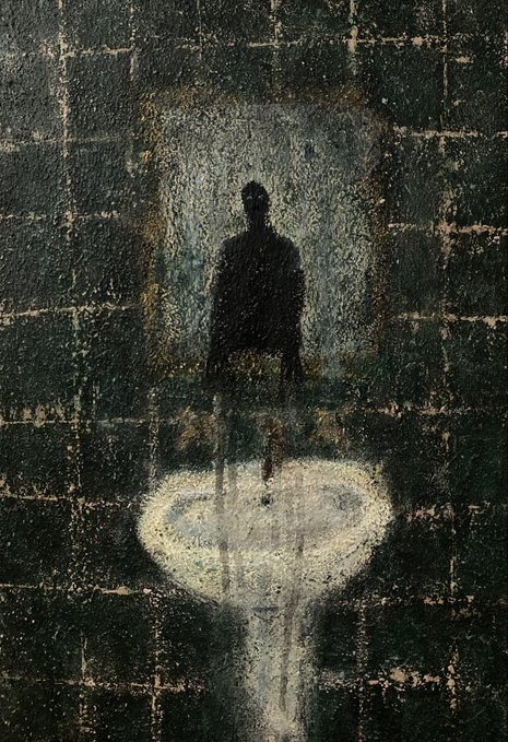A dark, atmospheric painting depicting a silhouetted figure standing over a glowing puddle of light on a brick-patterned ground.