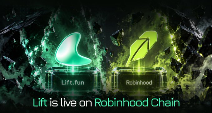 The image shows the Lift.fun logo and Robinhood logo displayed on illuminated pedestals against a green cosmic background with floating debris, accompanied by the text "Lift is live on Robinhood Chain," announcing the integration of the Lift token launch platform with Robinhood's blockchain ecosystem.