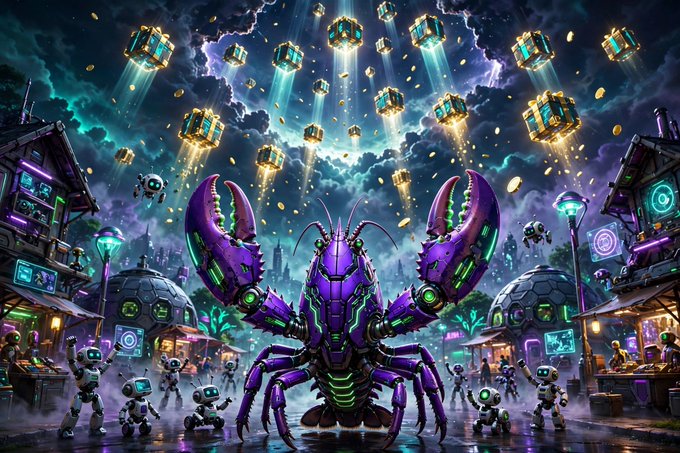 A vibrant digital illustration of a giant purple robotic lobster in a futuristic cyberpunk city, with golden gift boxes raining from the sky above.