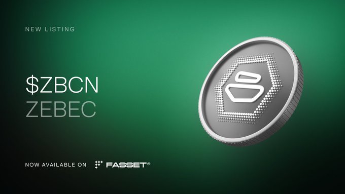A promotional graphic with a green background announcing a new listing, featuring the text "$ZBCN ZEBEC" alongside an image of a silver coin, and noting that the token is "NOW AVAILABLE ON FASSET," which corresponds to the post's announcement of Zebec's availability on the Fasset platform across 125+ countries.