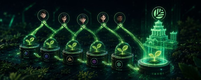 A digital artwork depicts a network of glowing green pods containing growing plants, connected to avatar icons, leading to a luminous futuristic building.