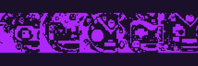 Abstract pixel art banner featuring a row of purple and dark blue shapes resembling stylized characters or symbols on a dark background.