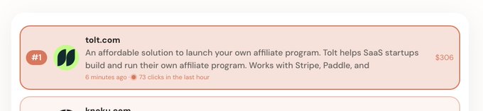 A list ranking shows tolt.com in the #1 position with a price of $306, described as "An affordable solution to launch your own affiliate program," with metrics of 73 clicks in the last hour. This aligns with the post celebrating ToltHQ (@ToltHQ) taking the top spot over knoku on outbid.lol's ranking.