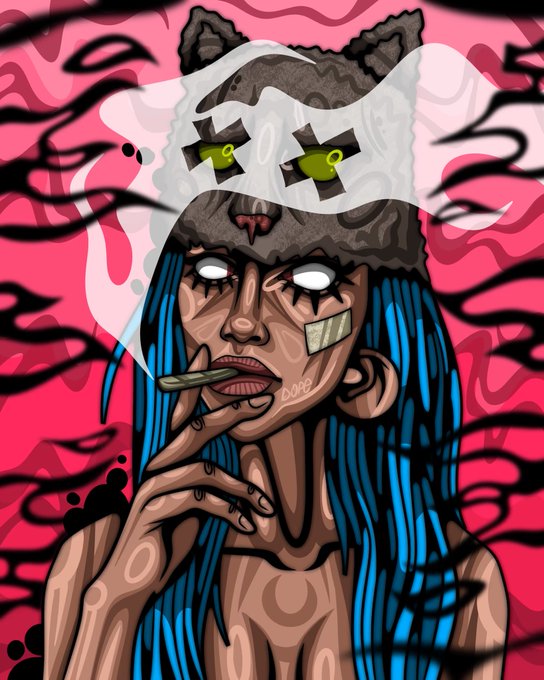 A stylized digital illustration of a blue-haired figure with white, pupil-less eyes wearing a gray cat-eared hat decorated with teacups, smoking a joint, with the text "bane" tattooed on their face. The image reflects the post's "Cat stories" theme through the prominent cat-themed hat, tying into the artist @zarrina_zm's listed NFT offering of 2 ETH on the secondary market.