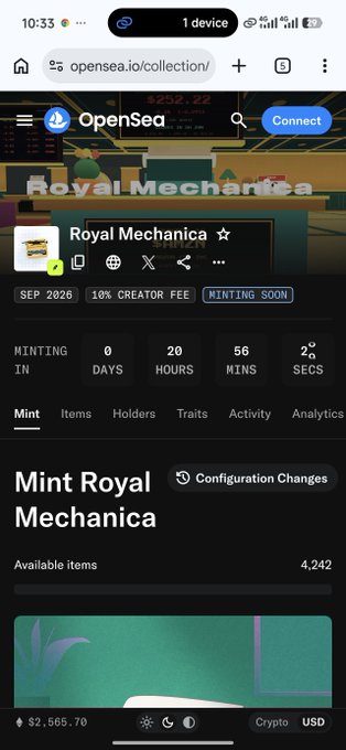 A mobile screenshot of the OpenSea NFT marketplace showing a 'Royal Mechanica' collection page with a mint countdown of 20 hours, 56 minutes, and listing 4,242 available items.