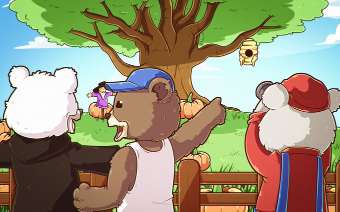 Three cartoon Fuzzies—one white bear, a brown bear in a blue cap, and a koala in a red hoodie—gather excitedly by a fence looking toward a beehive dangling from a large tree, with pumpkins scattered in the background, tying into the playful "3333 Fuzzies" NFT mint announcement.