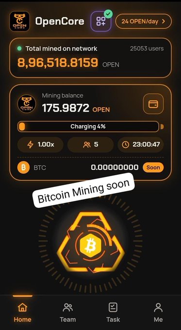 Mobile app screen for 'OpenCore' showing a total mined network amount of 8,96,518.8159 OPEN, a mining balance of 175.9872 OPEN, and a banner stating 'Bitcoin Mining soon'.