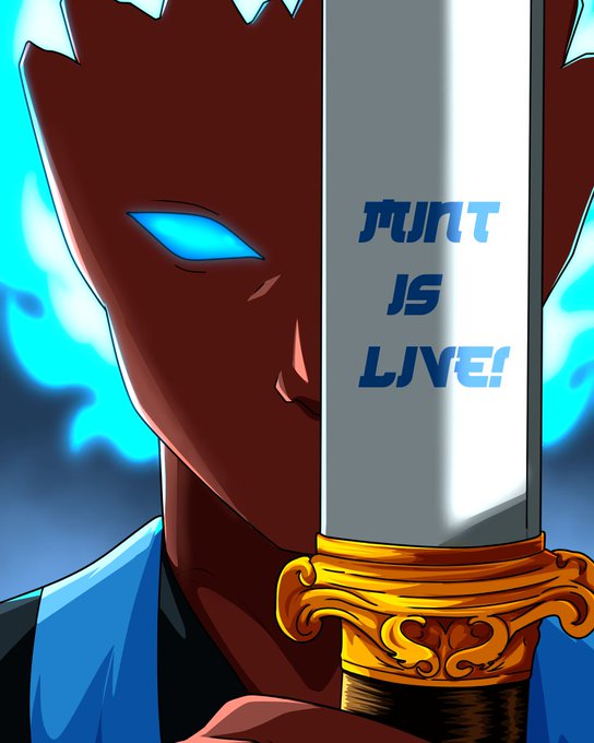 An anime-style character with glowing blue eyes holds an ornate sword inscribed with "MINT IS LIVE!" in stylized blue text, visually announcing the Revenants NFT collection's minting release alongside the message about a community-requested price cut.