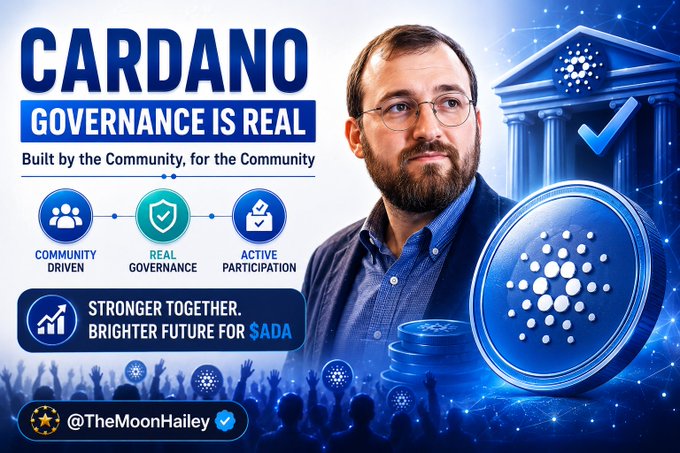 The image features a man with glasses wearing a blue shirt standing next to a building that has a plaque on its facade. The plaque reads "Cardano Governance Is Real", indicating that Cardano is the governing body for this project or organization. The man in front of the building appears to be promoting the idea of community engagement and active participation, as well as highlighting the bullish nature of Cardano's currency.