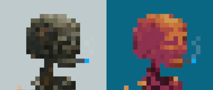 Two side-by-side pixel art figures are shown; the left figure is camouflaged in green and brown, while the right figure appears in shades of orange and pink.